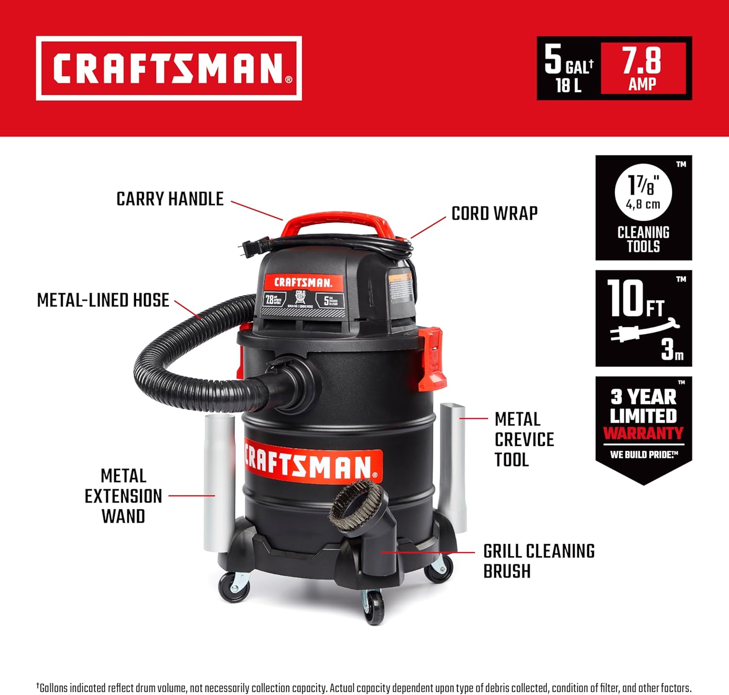 CRAFTSMAN CMXEVBE17050 5 Gallon 7.8 Amp Ash and Grilling Vacuum, Portable Dry Only Shop Vacuum with Drum Filter, Cartridge Filter, Hose and Attachments for Cool/Dry Ash Cleaning