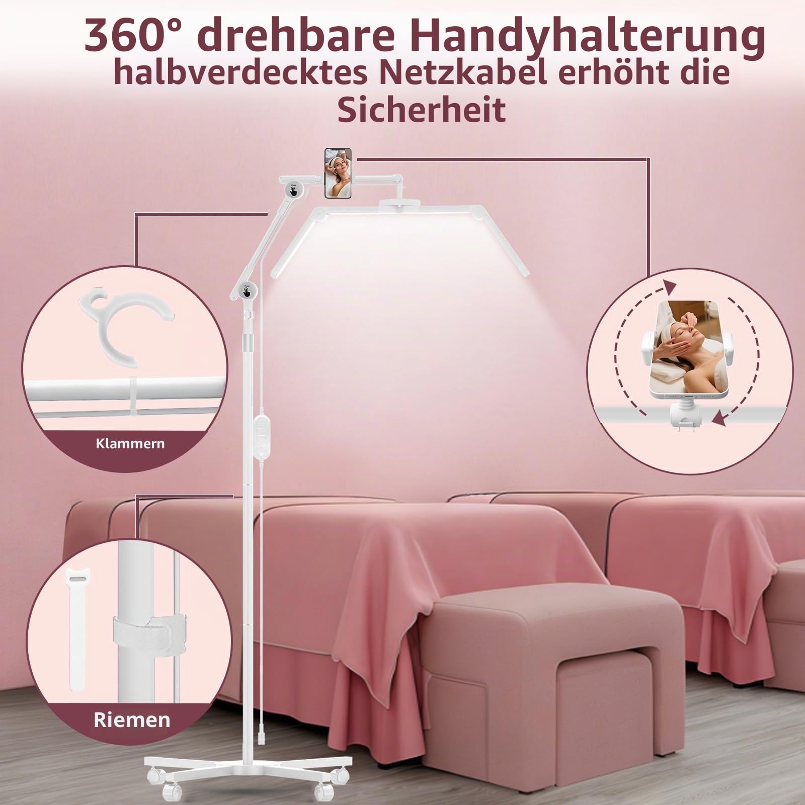 Diesisa Faltbar Flimmerfrei kosmetiklampe mit Rollgestell für Beauty Salon | Einstellbarer Höhe Beauty Lampe Kosmetik, Kosmetik Licht mit 360° Lampenköpfe für Studios, Wimpernverlängerung, Nageldesigns
