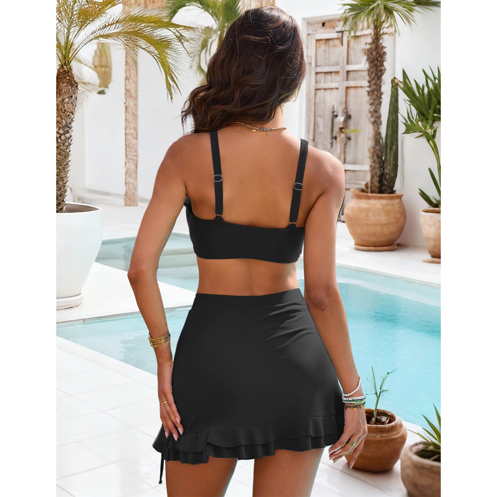 Maillots de Bain 2 Pieces Femme Col V Push Up Bikini Set | Taille Haute Short De Bain Maillot de Bain Deux Pièces Avec une jupe Swimwear De Plage Beachwear