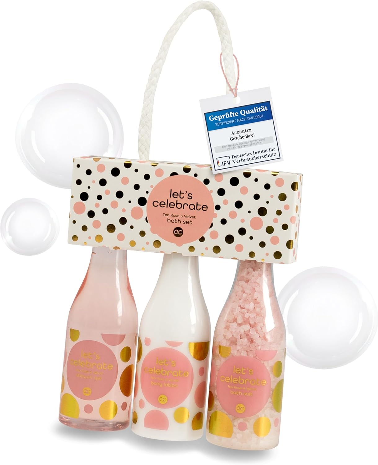 accentra – Laten we vieren geschenkset vrouwen in plastic champagneflessen – bad- & doucheset met theeroos & fluweel incl. douchegel, bodylotion & badzout – 3-delige wellnessset voor dames & meisjes