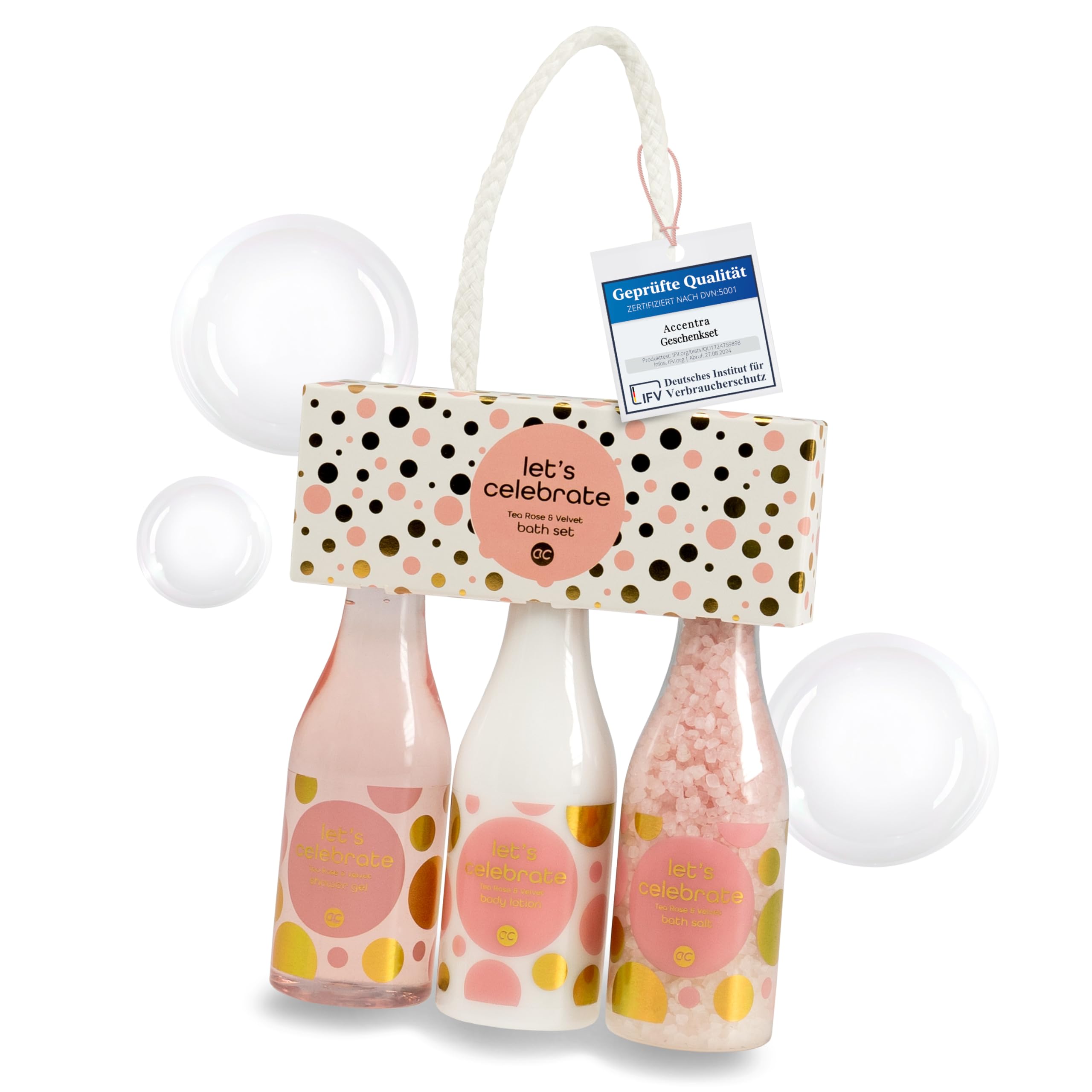 accentra - Let's celebrate Geschenkset Frauen in Plastik Sekt-Fläschchen - Bade- & Duschset mit Tea Rose & Velvet inkl. Duschgel, Bodylotion & Badesalz - 3-Teiliges Wellness Set für Damen & Mädchen