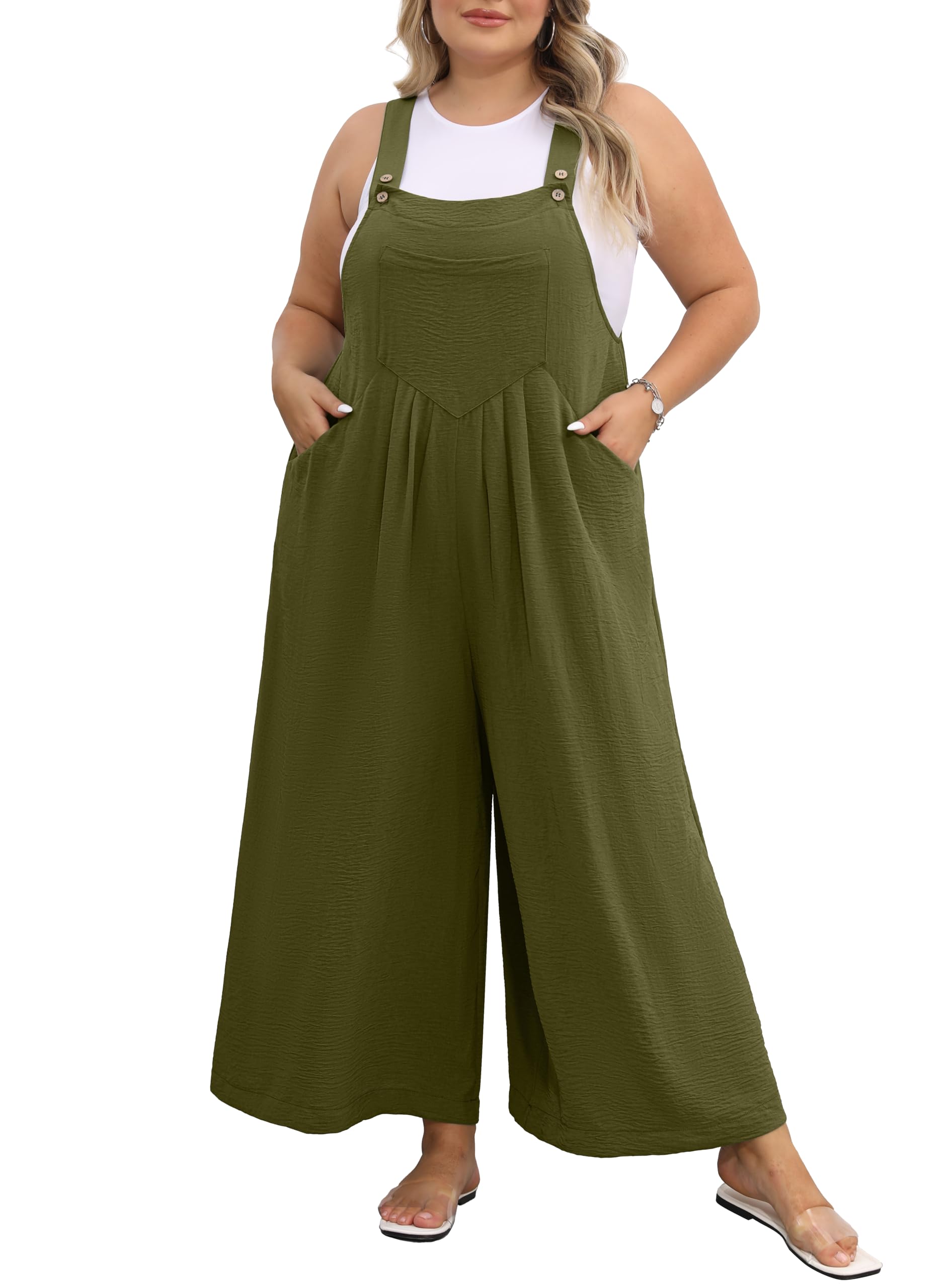 OLRIKPlus Size Jumpsuit for Women Wide Leg Adjustable Straps Overalls Loose Fit Romper with Pockets Fall Outfit