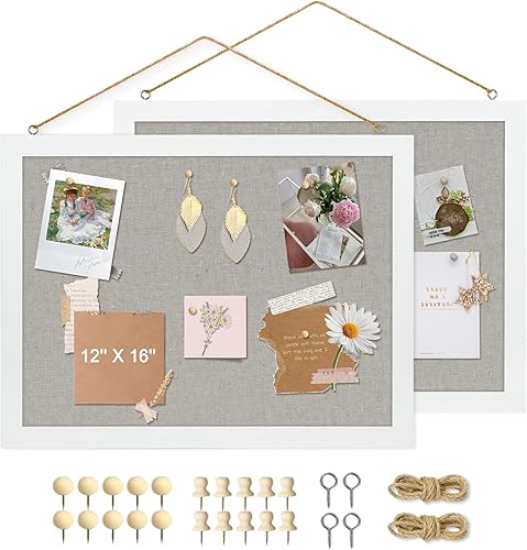 Vista 35 de Tablero de corcho grande de doble cara con lino, tablero de anuncios con marco de madera colgante de 24 x 18 pulgadas, tablero de visión