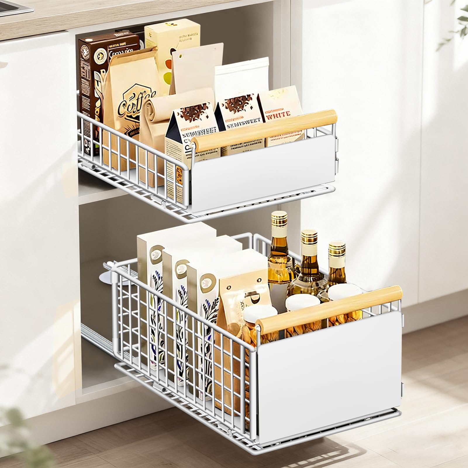 Cassetto estraibile per cucina, 2 pezzi, sistema di cassetti Telescop con estrazione, senza foratura, fino a 25 kg, organizer per cassetti per armadi profondi, bianco, 39,5 x 23,5 x 19/11 cm