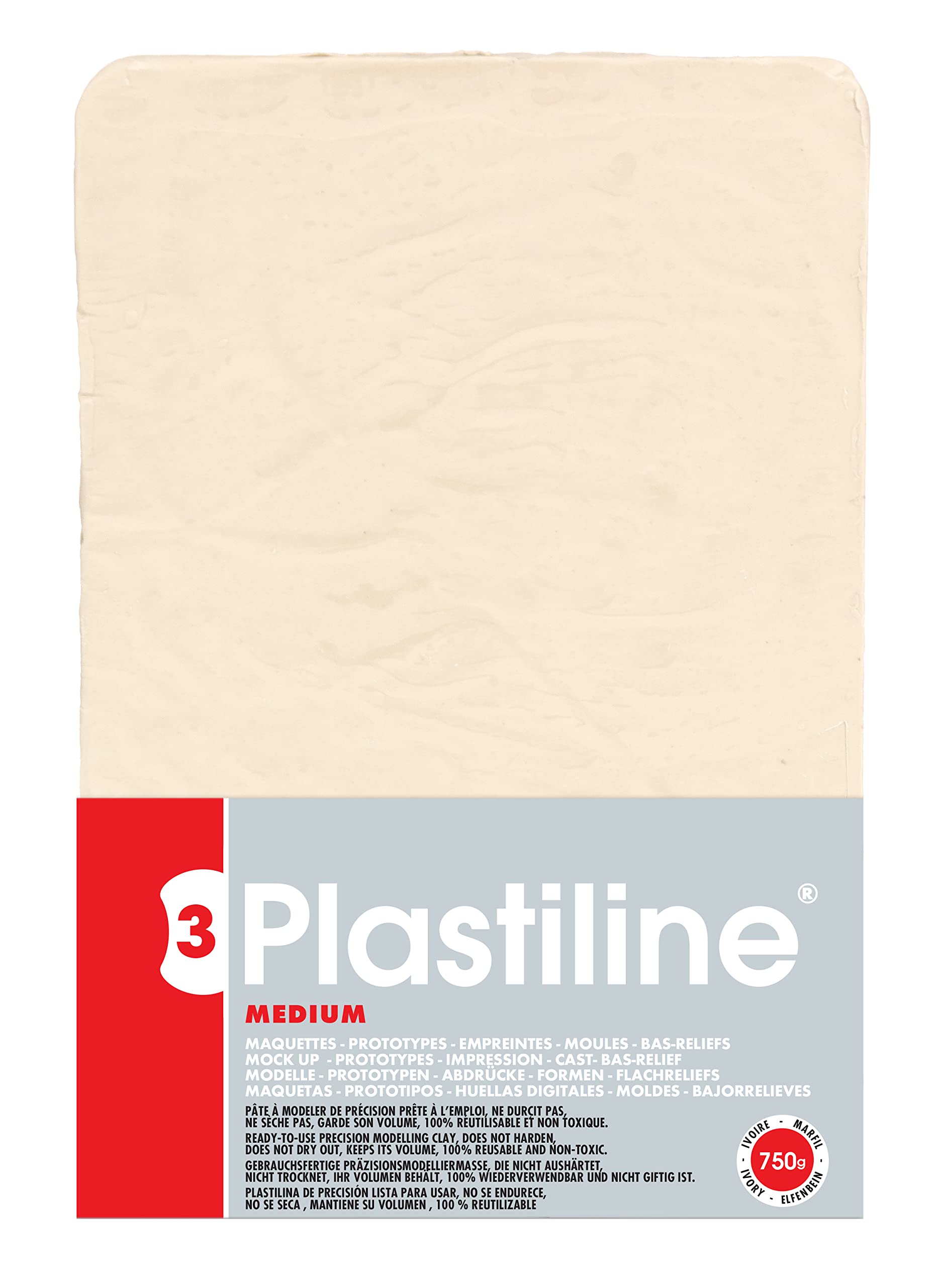 Plastiline 7155T - Plaque de Plastiline - Pâte à Modeler, Haute Précision - Modeler, Sculpter, Mouler - Dureté 3 (medium) - 750g - Teinte Ivoire. Fabriqué en France