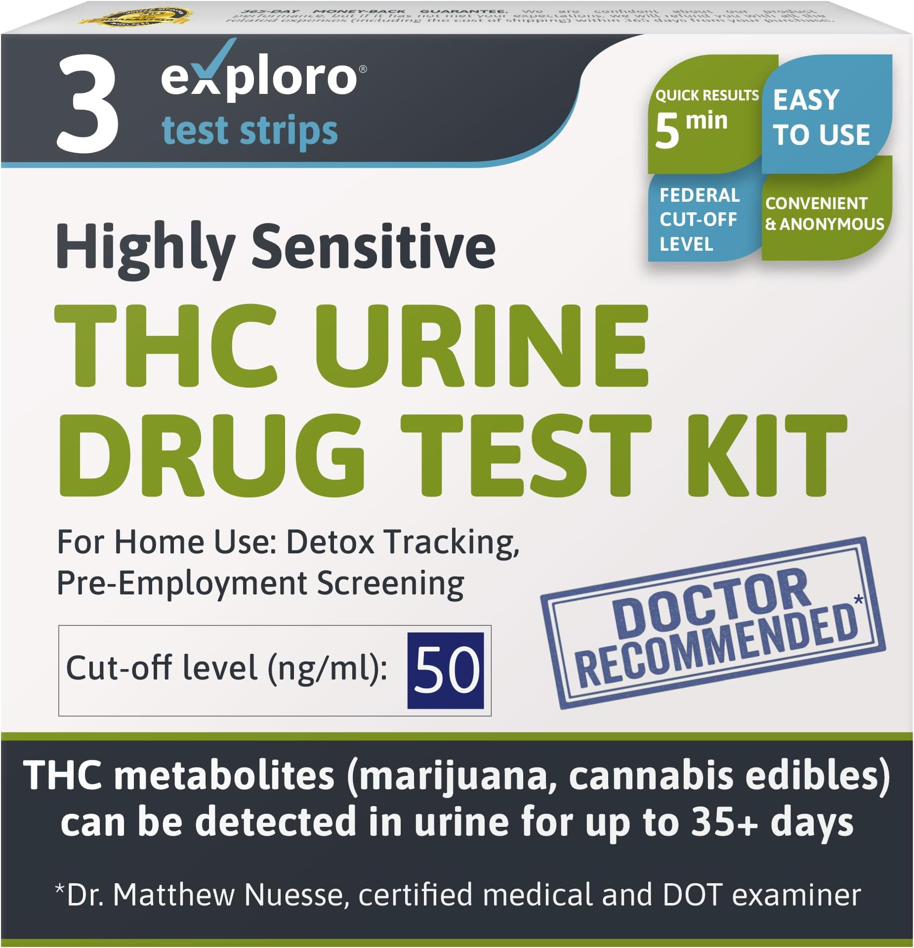 Exploro Marijuana Drug Test Kit (3 Pack) – THC Tests for Home – THC Drug Test for Marijuana Urine with 50 ng/ml Cutoff Level