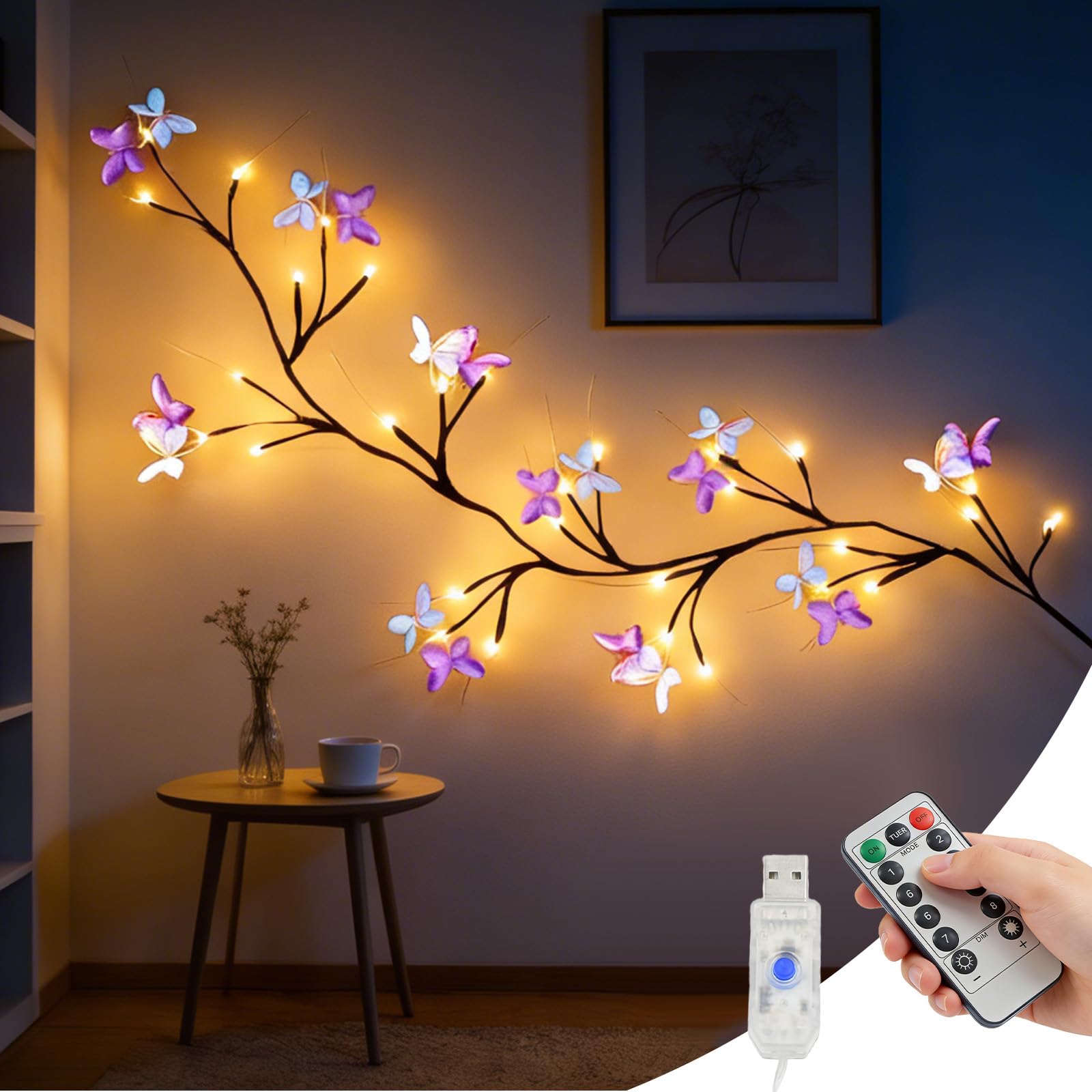 ANBET 63 Inches 48 LED Butterfly Leaf Tree Branch Lights, 8 Modes Flexible Butterfly Leaf String Light, Dorm Room Yard Home Indoor Wedding Wall Decor Christmas Mothers Valentines Day Gift