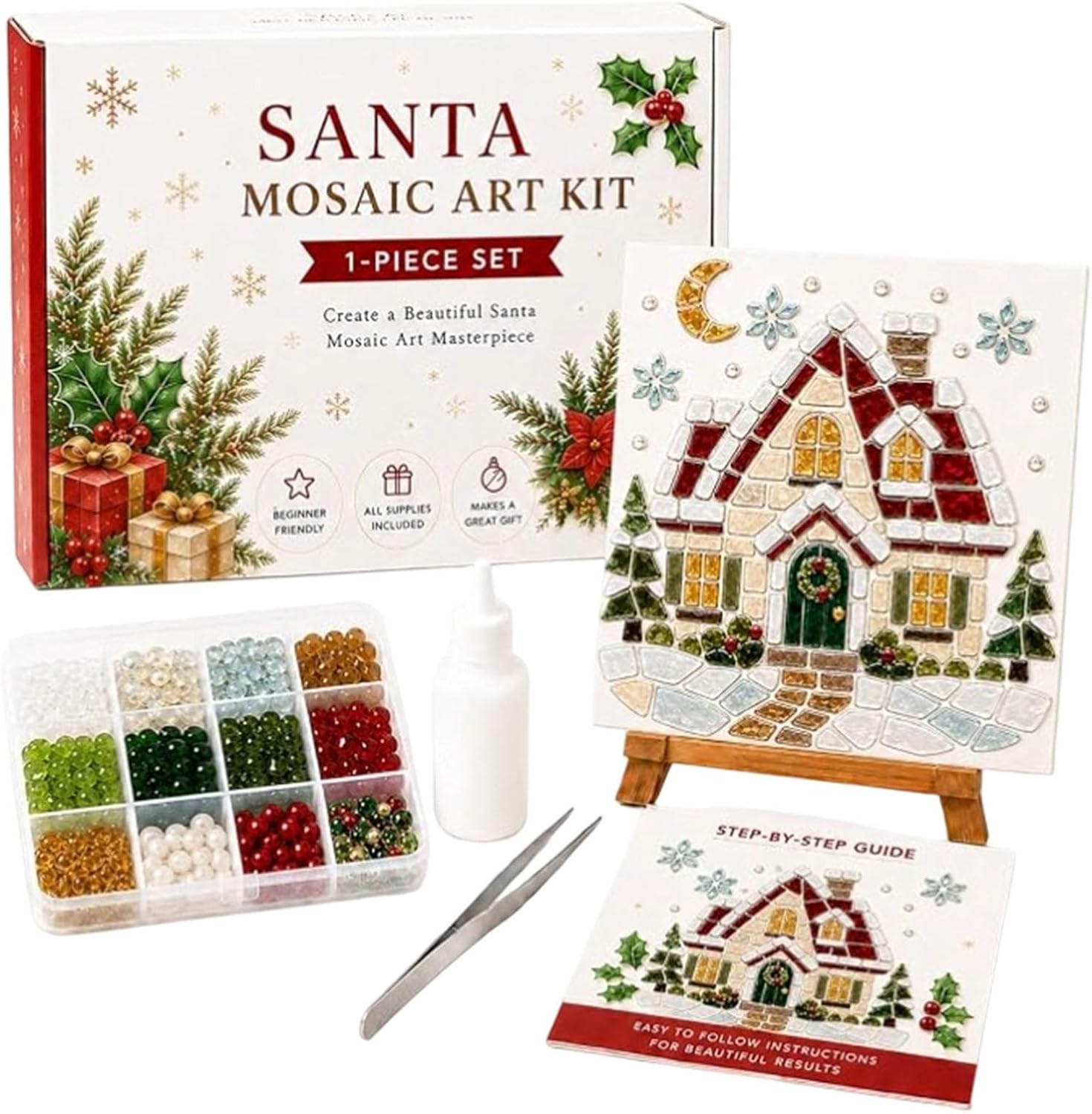 Christmas Sea Glass Art Kit, House Mosaic Kit for Adults and Beginners