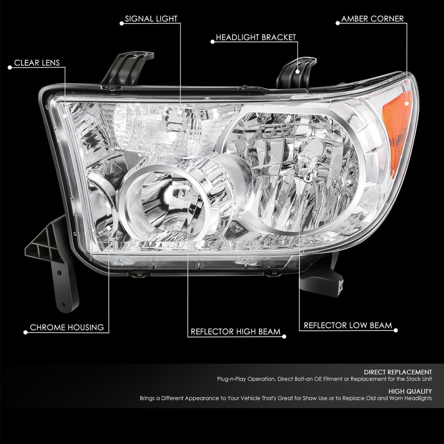 DNA MOTORING Left OE Style Headlight Compatible with 08-17 Sequoia / 07-13 Tundra,OEM-HL-0199-L