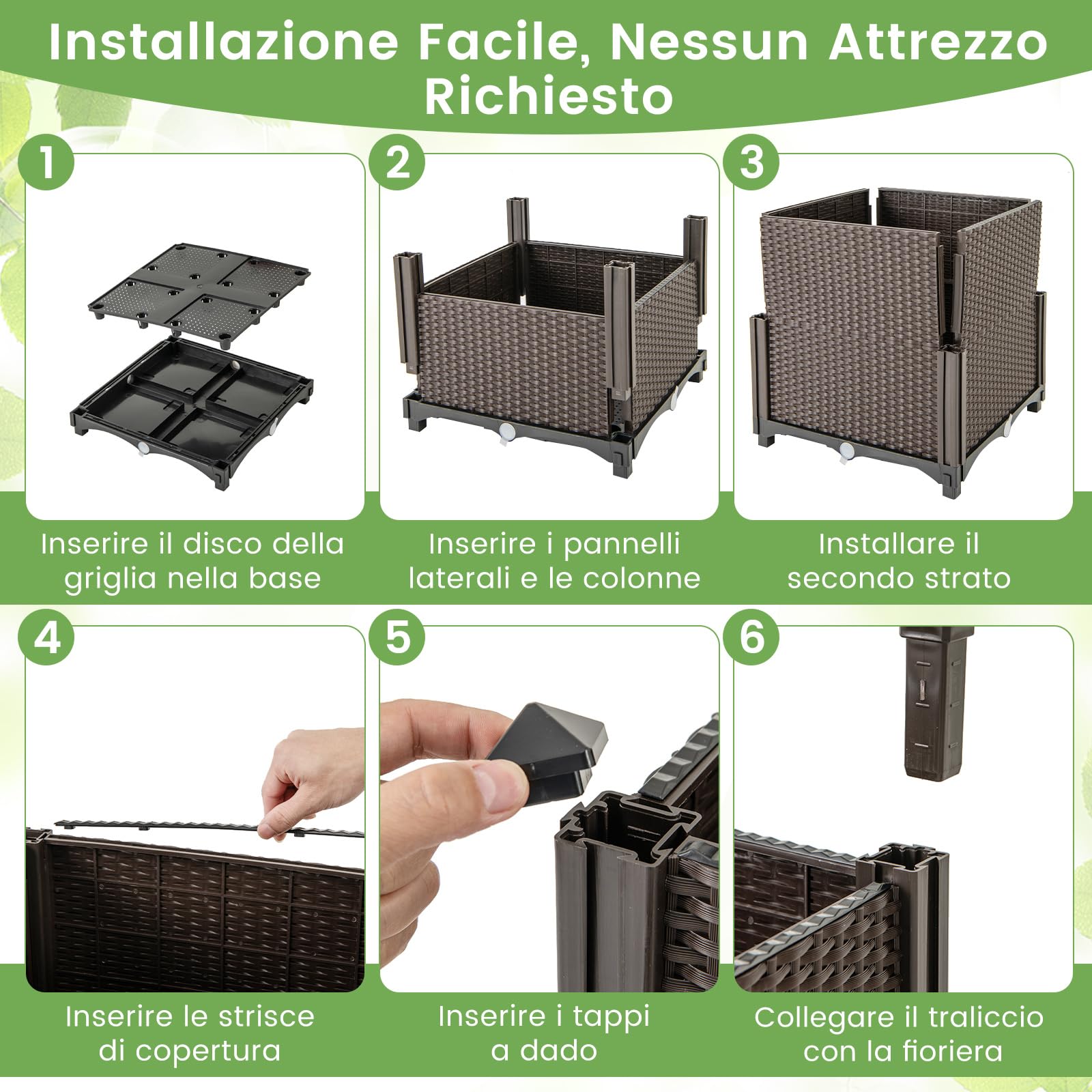 RELAX4LIFE 2 in 1 Fioriera da Esterno con Graticcio, Sistema Auto-irrigante e Drenaggio, Fioriera da Giardino per Piante Rampicanti, Balcone (Marrone, 40 x 40 x 140 cm)