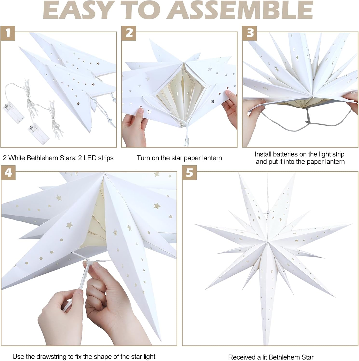 2 Set Lighted Bethlehem Paper Star Lanterns White Christmas Bethlehem Lights Decoration Fold Flat Xmas Star Hanging Lampshade Battery Operated for Holiday Indoor Outdoor Decor(26'')