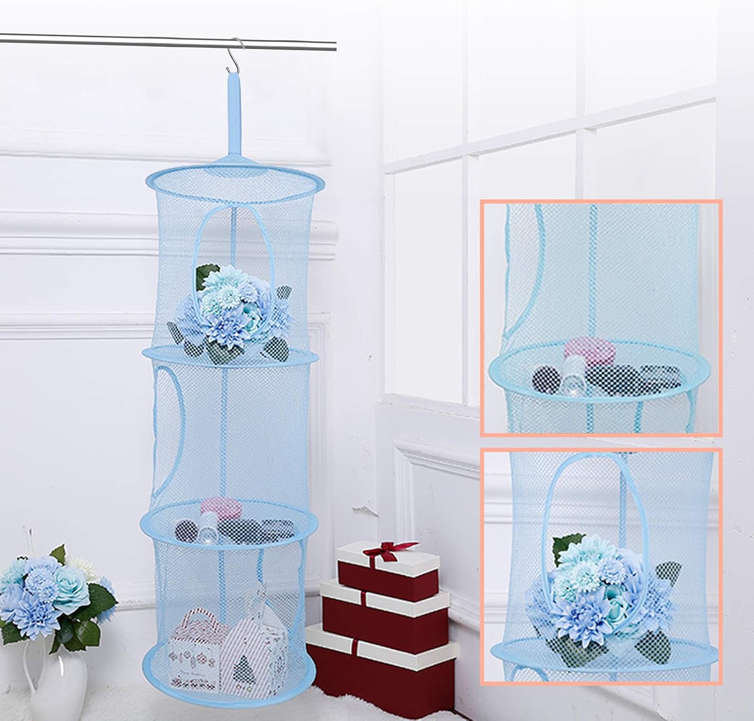 LANMOK 3pcs Hanging Mesh Storage Basket Foldable Space Saving Toy Organizer With 3pcs S hooks for Kids Room Bathroom Wall Balcony Wardrobe