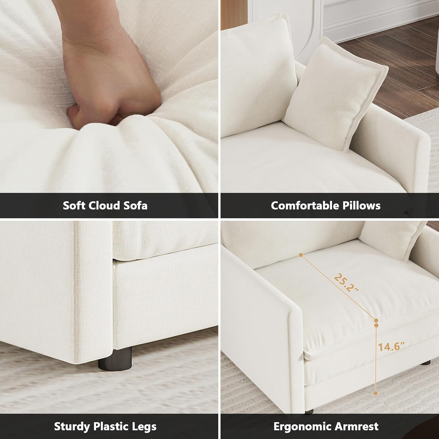 Setawix Modern Modular Sectional Sofa, 111.5" Upholstered Chenille 3-Seater with 2 Movable Ottomans Comfy U-Shaped Sofa, Oversized Deep Seat Cloud Couch with 5 Pillows for Living Room, Beige