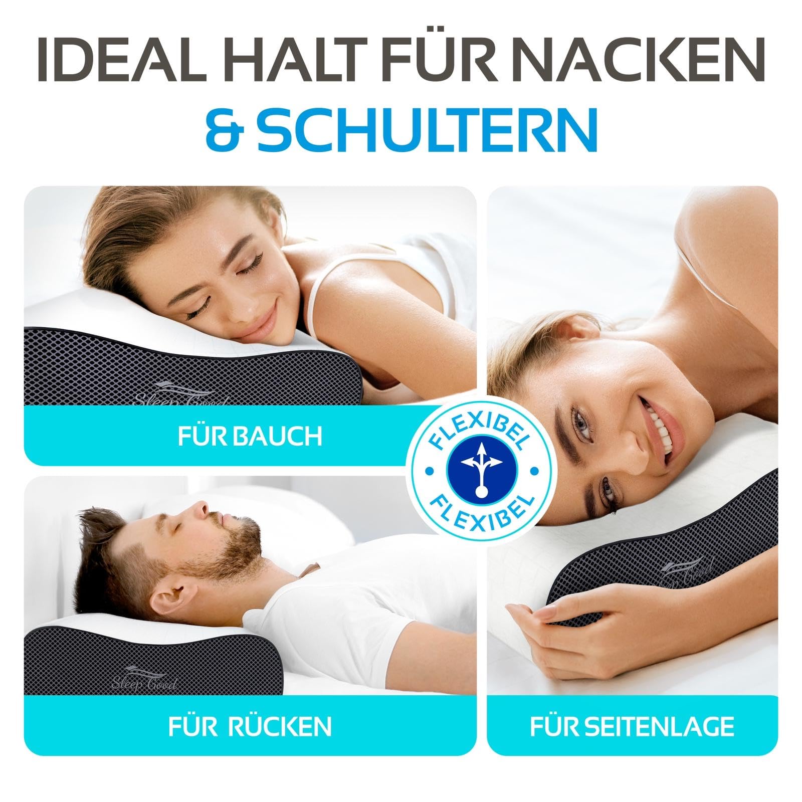 Sleep Good Nackenstützkissen höhenverstellbar mit Spannbezug - Ergonomisches Kopfkissen aus Memory Foam für Seitenschläfer & Rückenschläfer in 4 Verschiedene höhen einstellbar.