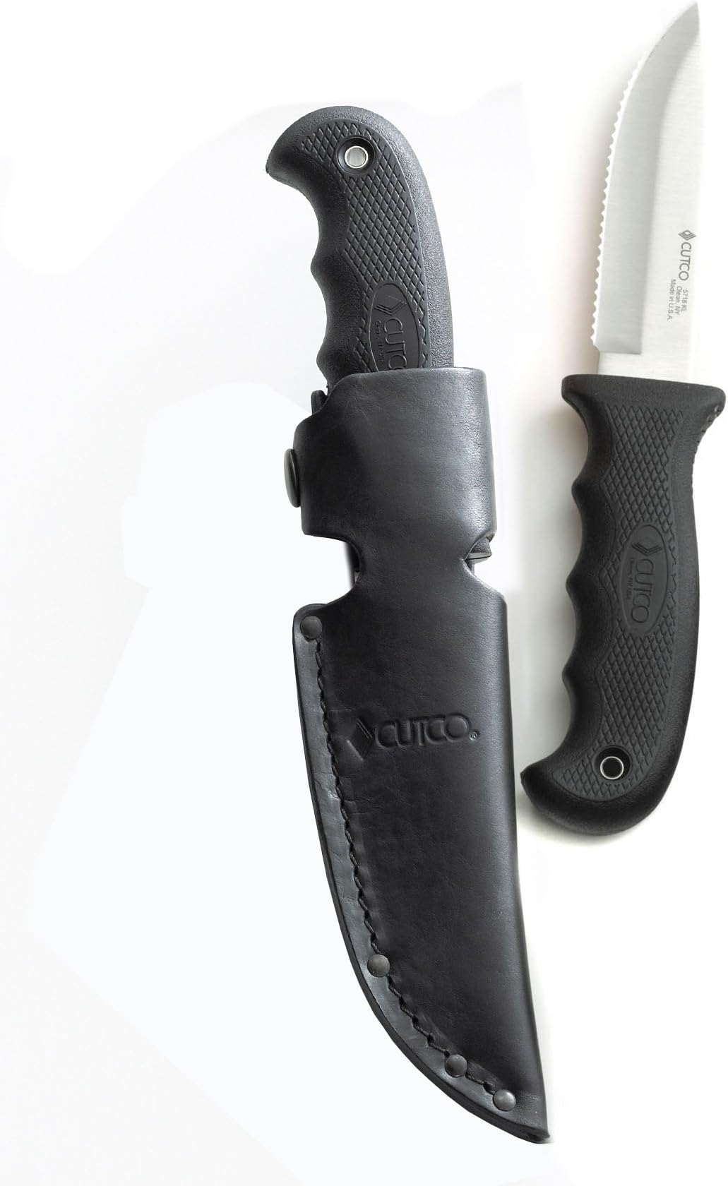 Model 5718 Black Drop Point Knife with Double-D serrated edge blade .................. Leather sheath and lanyard included.