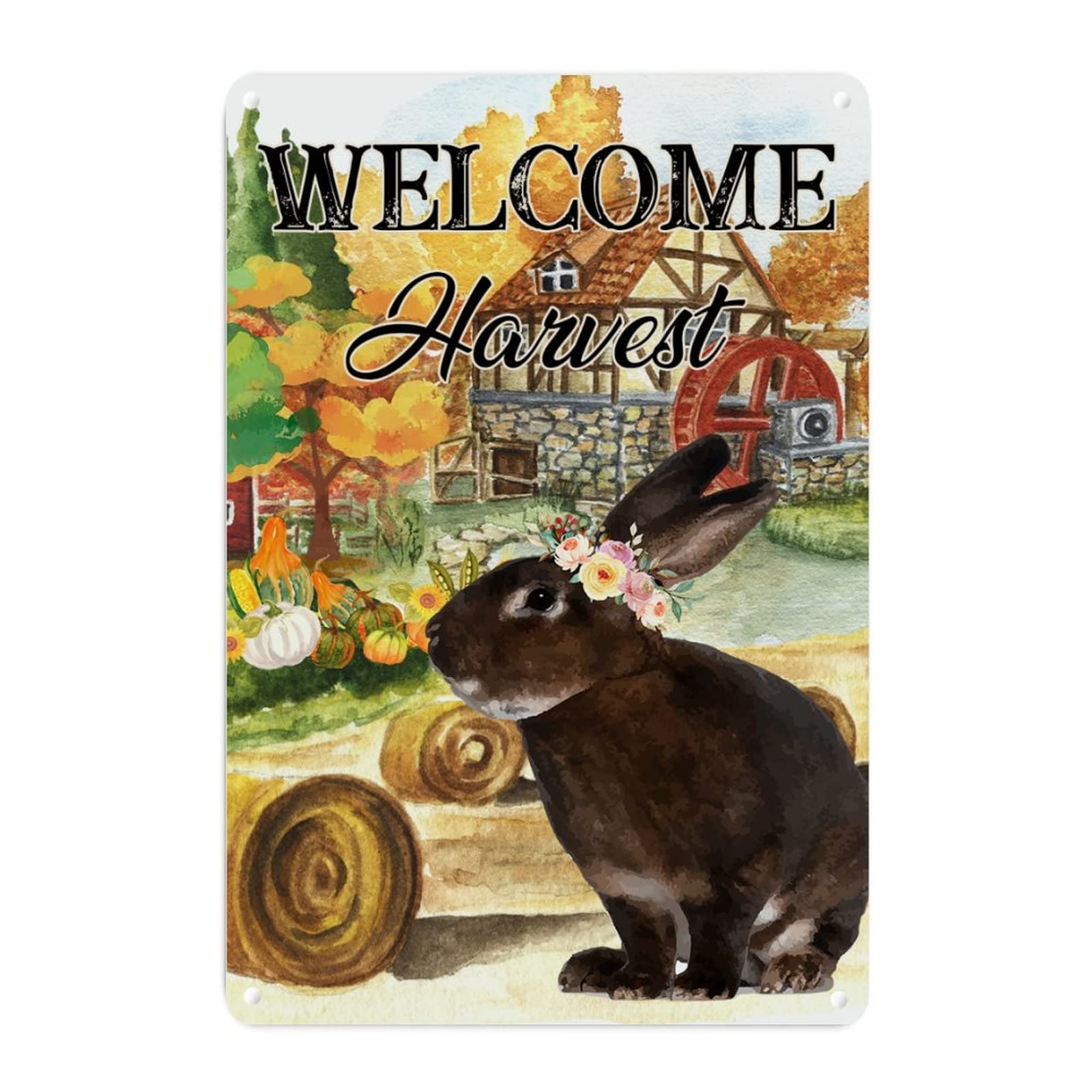 Panneau mural lapin rétro en métal 45x30 cm décor de ferme d'automne