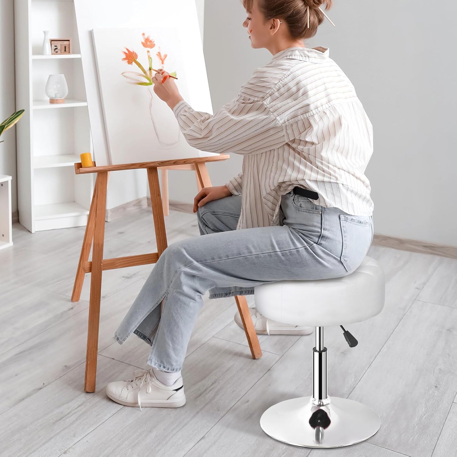 SUPER DEAL Vanity Stools for Makeup, Vanity Ottoman Chair with Adjustable Height and 360° Swivel for Makeup Room Bedroom Living Room, White
