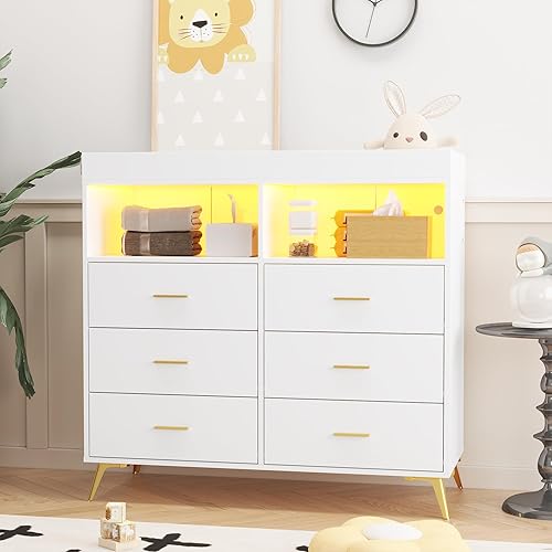 Changing Table Dresser, Baby Classic Nursery Dresser w/ LED Lights & Power Outlet, Multi-Functional Baby Changing Table with 6 Drawers, 2 Open Storage Shelves, Diaper Station with Top for Children