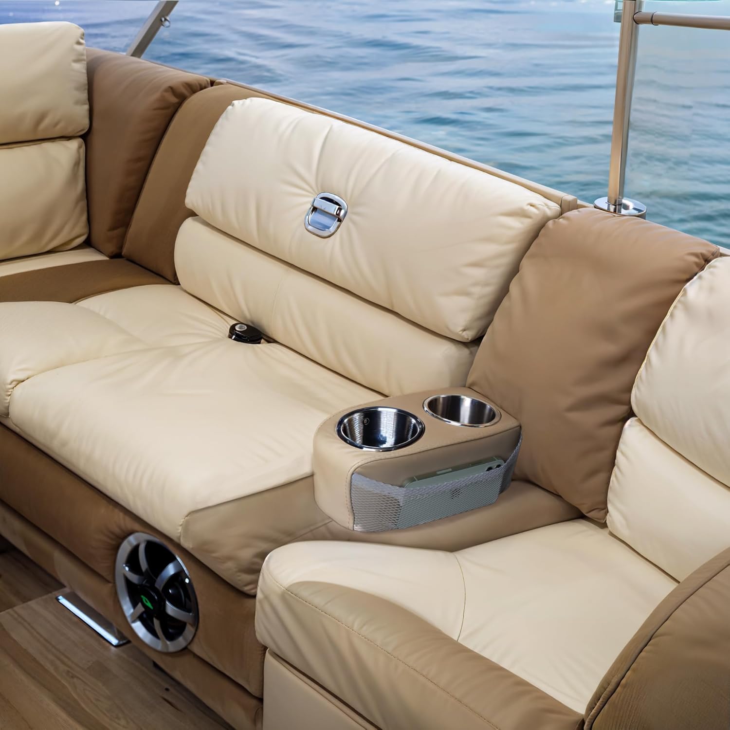 Pontoon Cup Holder,Boat Seat Cup Holder,Double Drink Holder,Portable Cup Beverage Mobile Phone Holders for Pontoon Boat Sofa,RV Couch,Car Back Seat(Khaki)