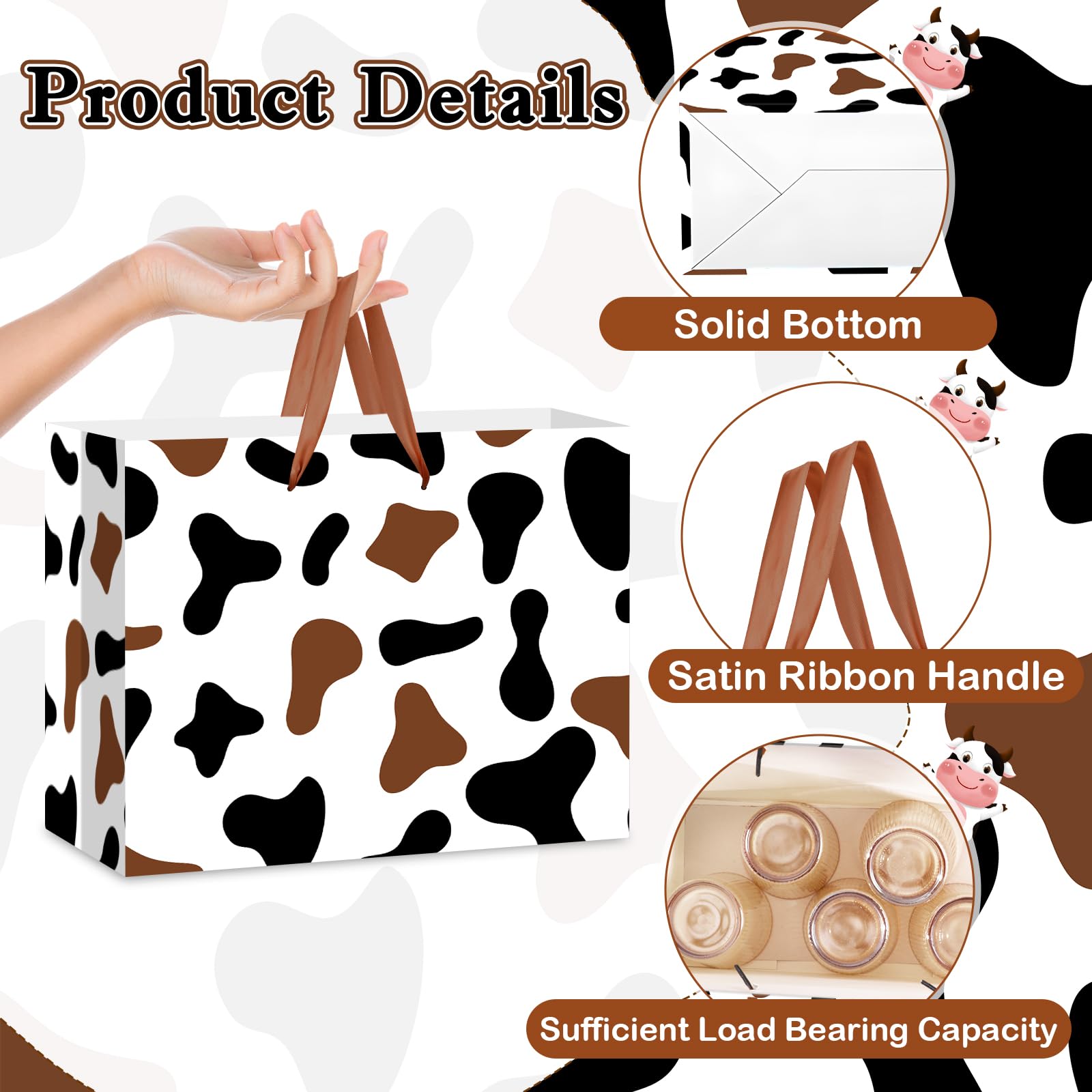 Large Brown Cow Print Gift Bag with Tissue Paper and Card Cow Party Favors Bag Brown Farm Animal Goodie Bags Cowboy Paper Bags for Cowboy Cowgirl Theme Birthday Party Wedding Shower Supplies
