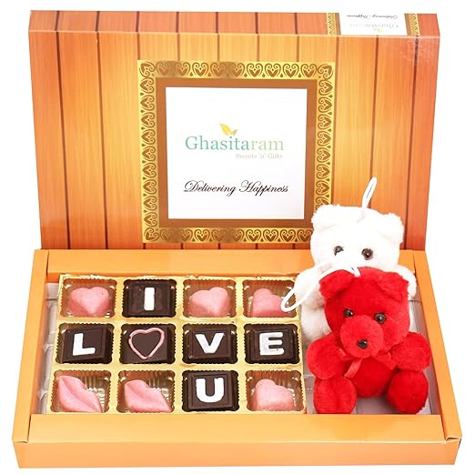 Ghasitaram Gifts Valentines Gift Valentines Day Chocolates for Girlfriend/Boyfriend/Husband and Wife Valentines Chocolate Hamper I Love You Chocolates with Teddies