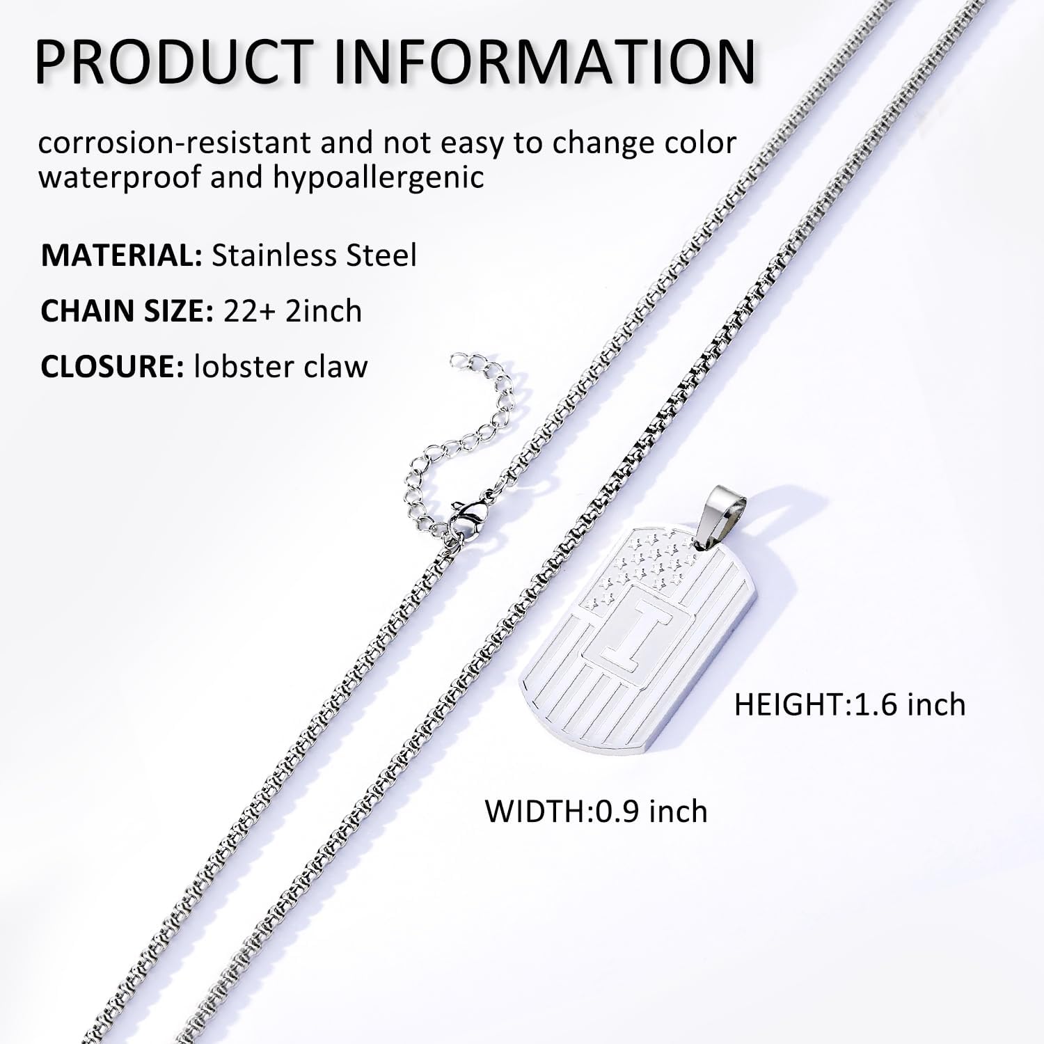 Initial A-Z Necklace for Men American Flag Dog Tag A-Z Pendant 316L Stainless Steel Chain 22+2 Inches Personalized Patriotic Jewelry for Men - Image 3