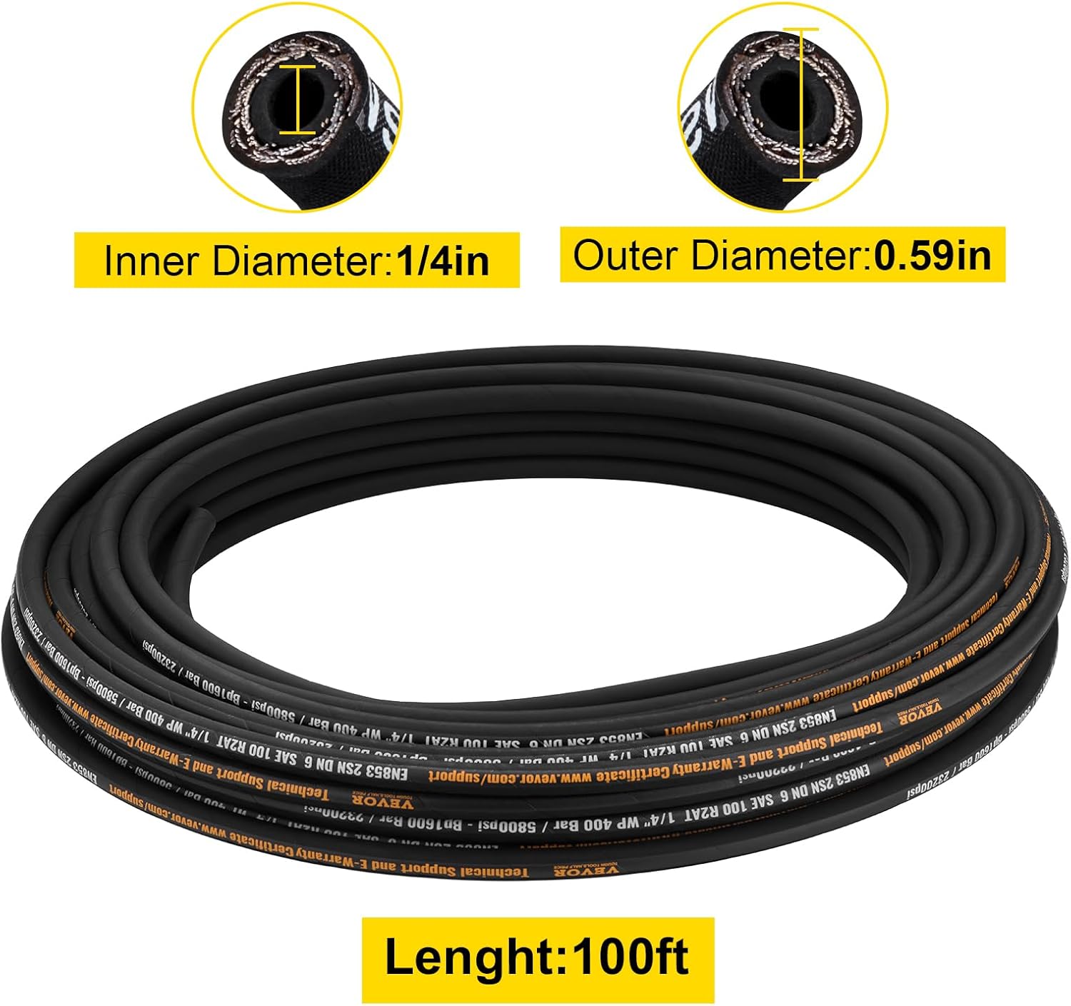 Happybuy Hydraulic Hose 1/4 inch x 100 ft, Coiled Hydraulic Hose 5800 PSI, Rubber Hose with 2 High-Tensile Steel Wire Braid, Bulk Flexible Hose -20℃ to 140℃
