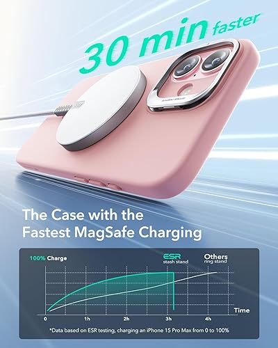 Vista 305 de ESR - Funda para iPhone 15 compatible con MagSafe, funda protectora de grado militar con soporte integrado, cubierta trasera resistente a