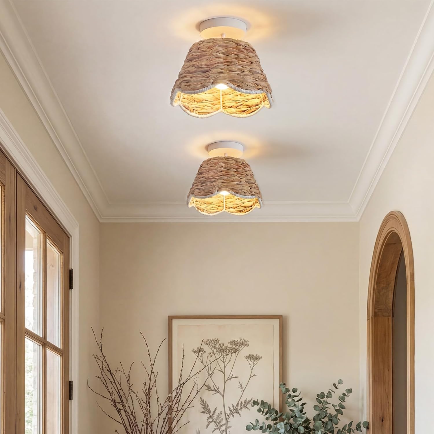 Handwoven Rattan Semi Flush Mount, Farmhouse Ceiling Light with White Metal Ceiling Mount, Natural Wicker Basket Ceiling Lamp for Bedroom, Kitchen, Boho Home Decor (9.5" D x 6.7" H)