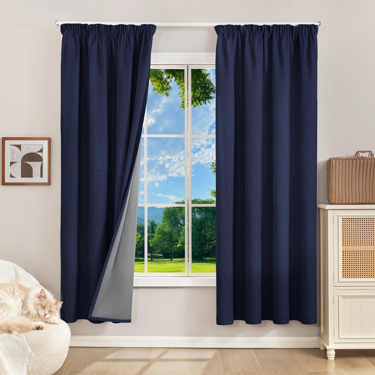 Runyéla 100% Blackout Curtains Pencil Pleat Linen Curtain for Bedroom Living Room Thermal Insulated 52 x 63 Inch Drop 2 Panels Denim Blue