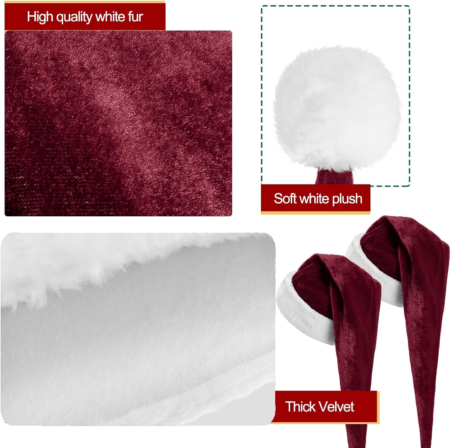 Cozypower 4 Pack Burgundy Santa Hats Velvet Long Unisex Extra Thicken Plush Christmas Hats for Adults Xmas New Year Gift