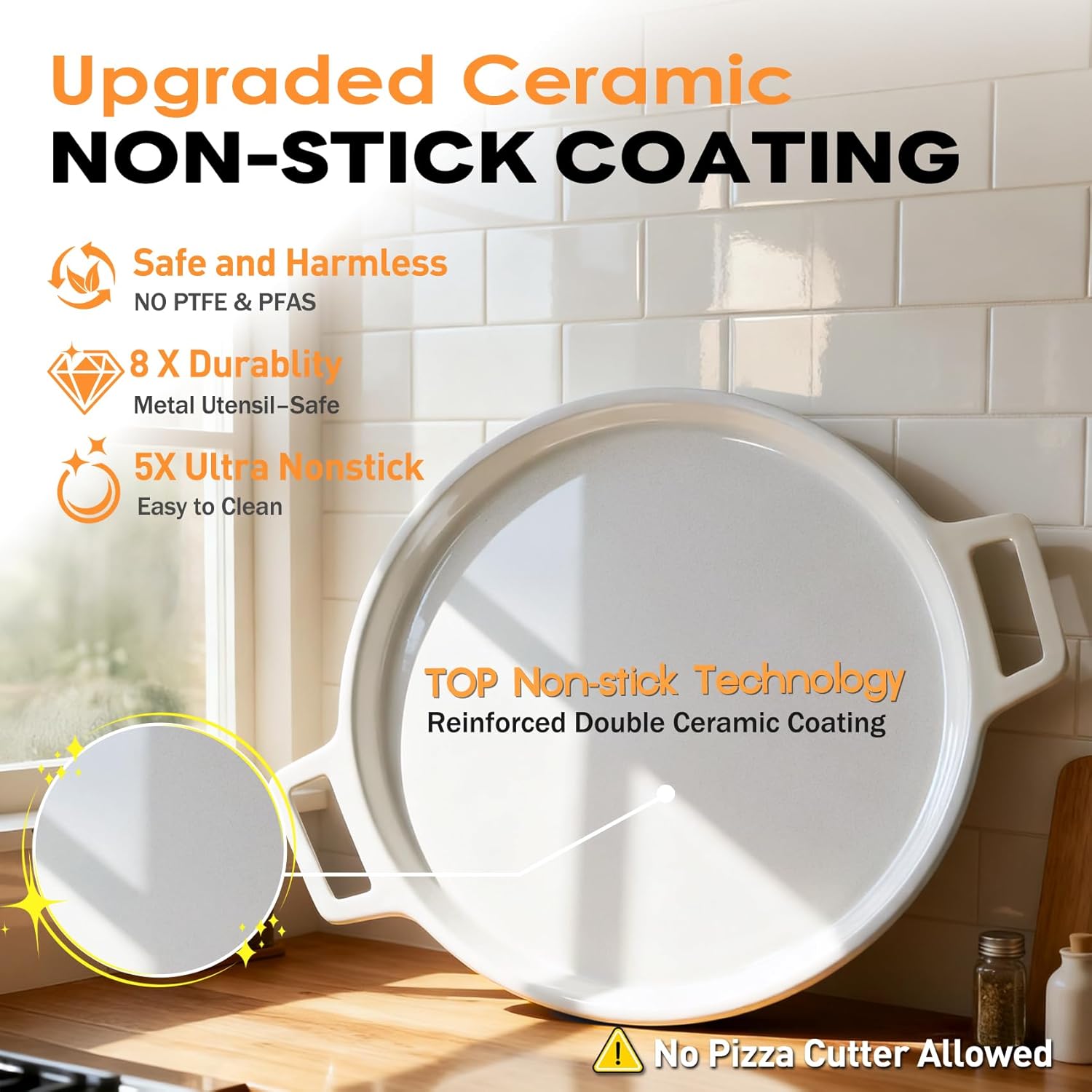 16" 3-Layer Hybrid Pizza Steel for Fast & Even Heating, Ceramic Nonstick Smooth Pizza Pan, Oven Baking Steel for Pizzas Up to 14", 304 Stainless Steel + Aluminum Core + 403 Stainless Steel, Non-etched