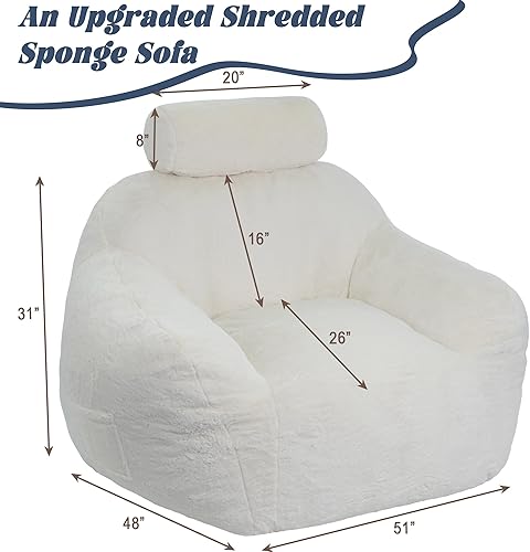 Miniatura 2 de Puf grande para adultos, silla gigante de tela de piel sintética con almohada, puf suave con soporte ergonómico, sofá perezoso de felpa beige, blanco