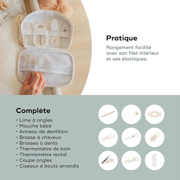 Babymoov Trousse de Soin Bébé - Compacte & Nomade - Dès la naissance - 9 Accessoires Essentiels Soin de Bébé dont Brosse à Cheveux, Thermomètre digital, Thermomètre de bain, Petit Coupe Ongles, Sable - 4