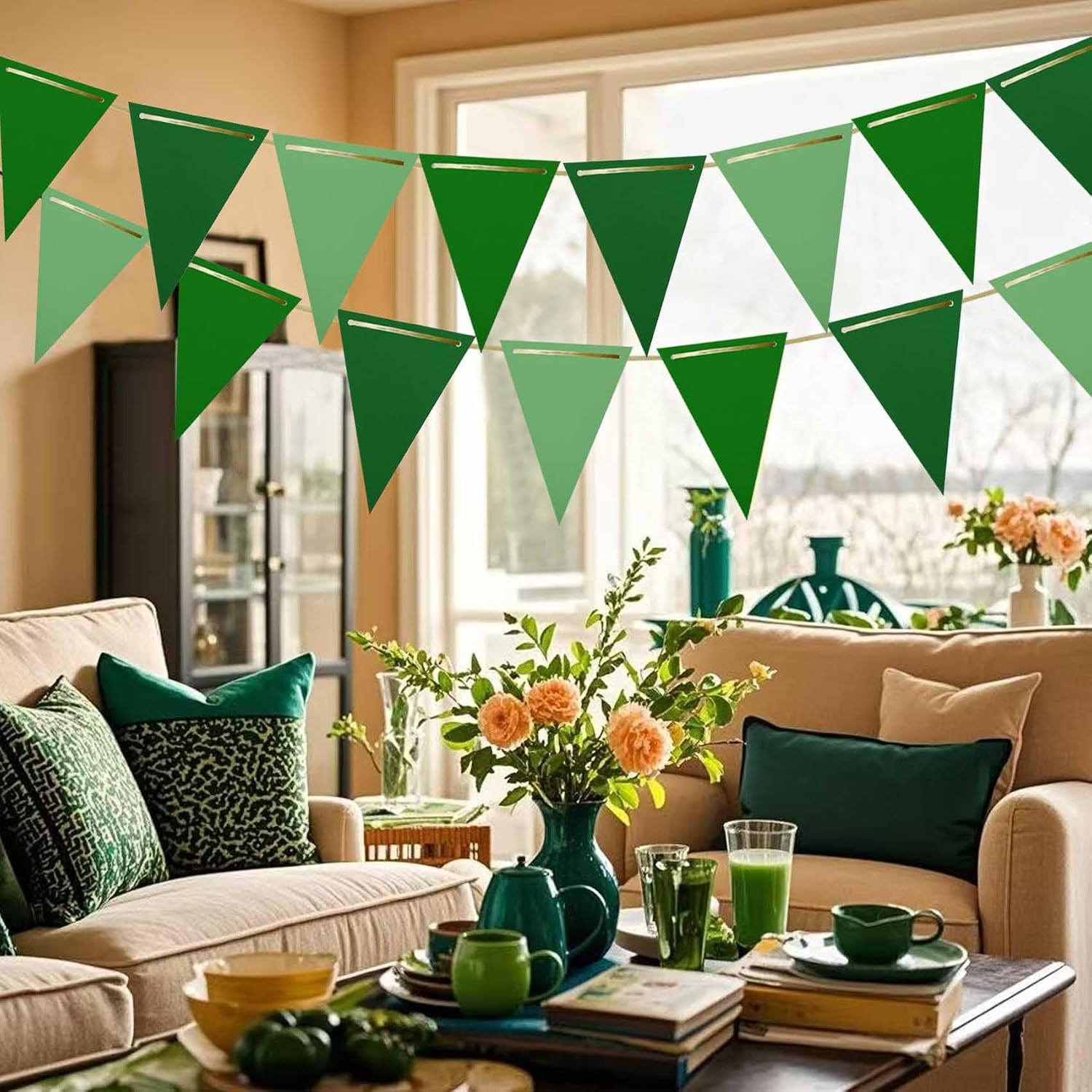 Green Paper Pennant Flags Vibrant 36pcs Triangle Bunting Decorative Party Garland for Celebrations, Birthdays, Festive Events