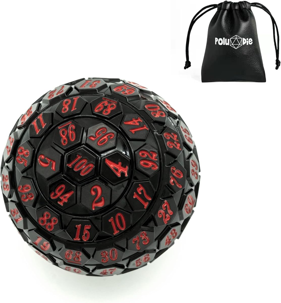 100 Sided Polyhedral Dice, Single D100 Game Dice, 100 Sided Cube with Black Pouch, D100 die 48 mm (Black with Red Number)