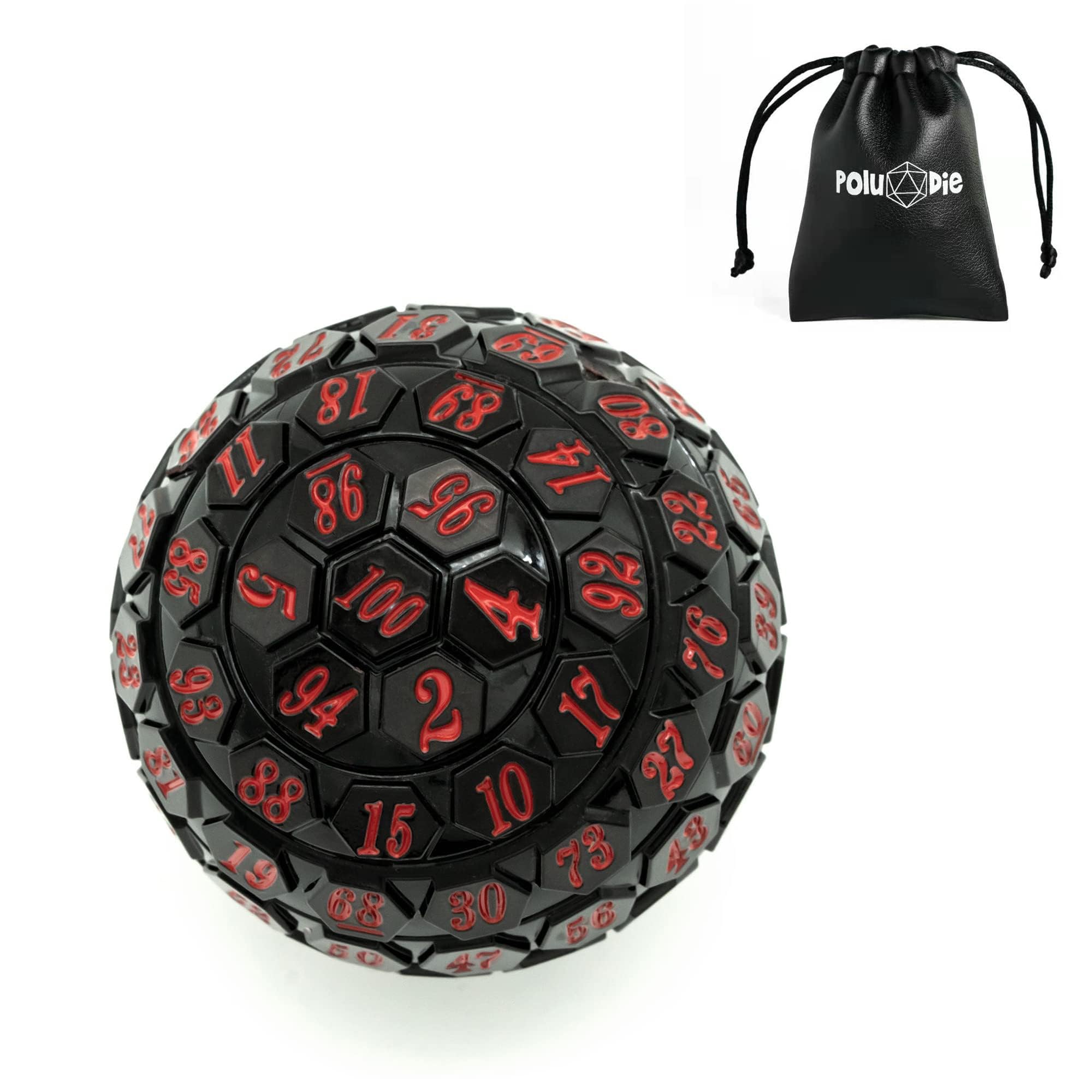 Poludie 100 Sided Polyhedral Dice, Single D100 Game Dice, 100 Sided Cube with Black Pouch, D100 die 48 mm (Black with Red Number) — image 1