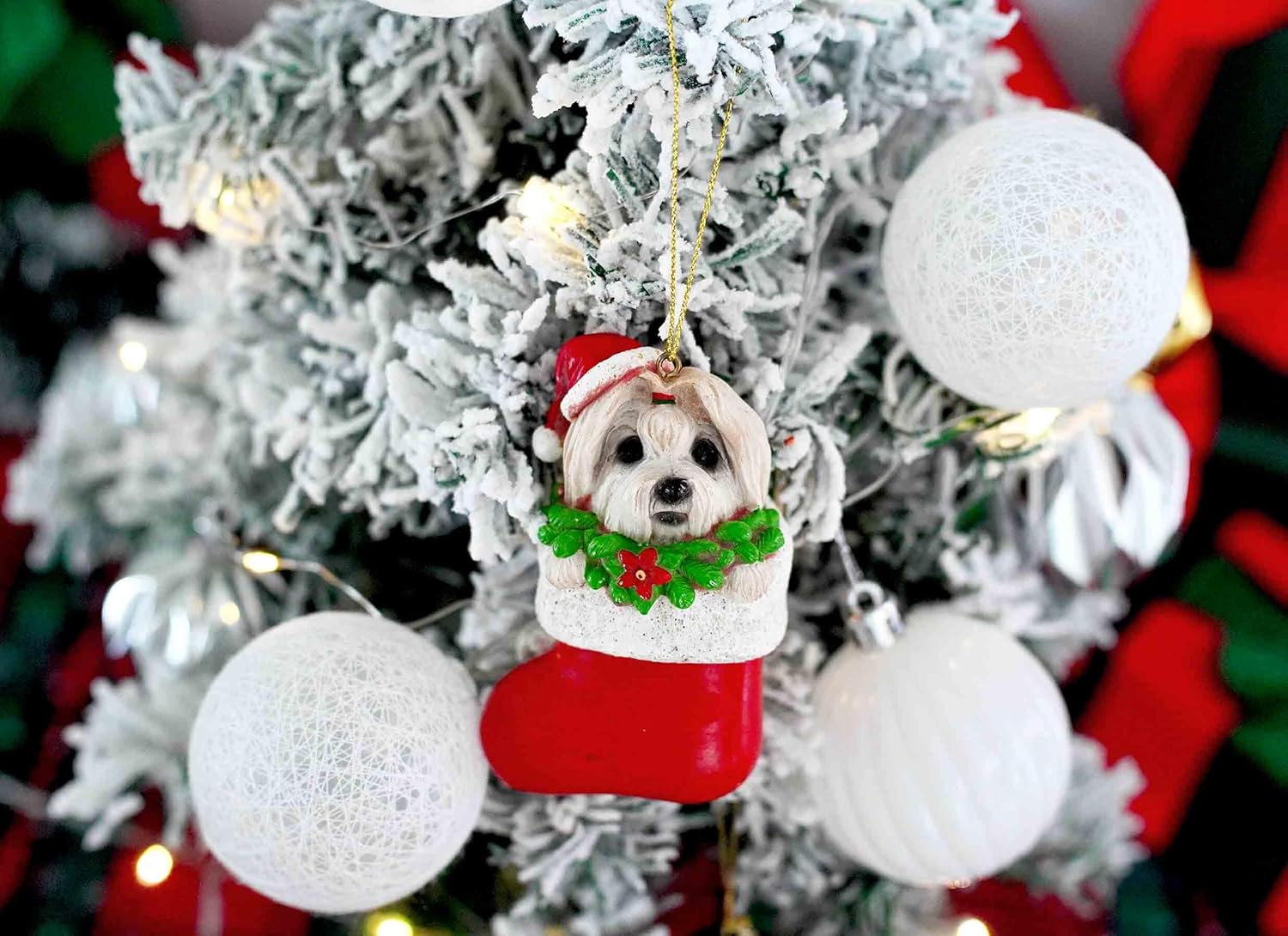 Maltese Dog Christmas Ornament – Cute White Dog in Stocking with Gold Hanging String, Resin Pet Figurine for Christmas Tree Decorations, 2025 Animal Ornaments - Image 4