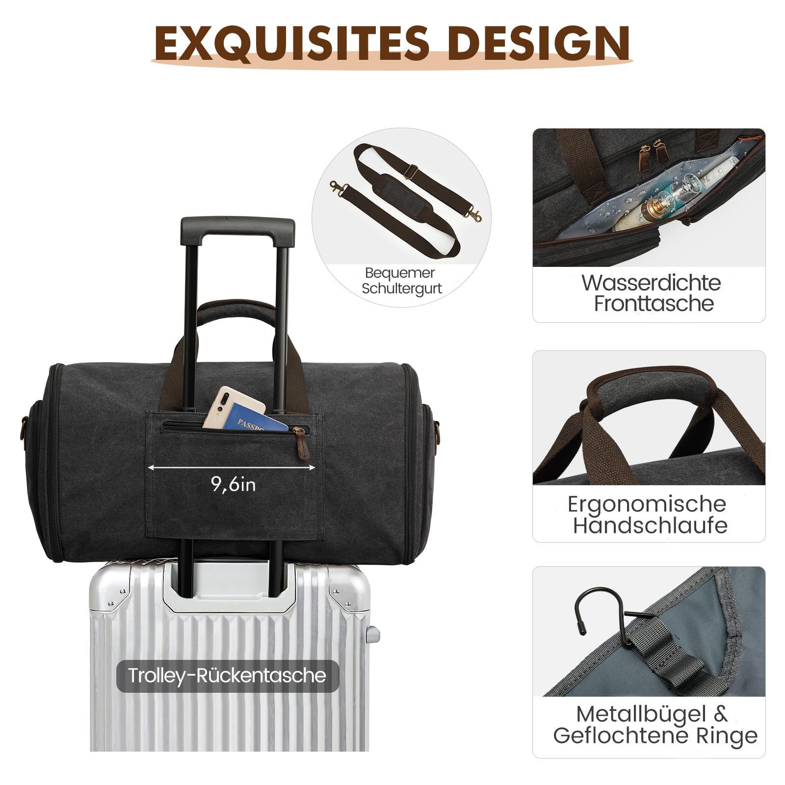 S-ZONE 50L Unisex 3-in-1 Umwandelbarer Kleidersack Canvas Kleidertasche Anzugtasche Carry On Garment Bag mit Kulturbeutel für Reisen Kurzurlaub Geschäftsreisen Aufbewahrung