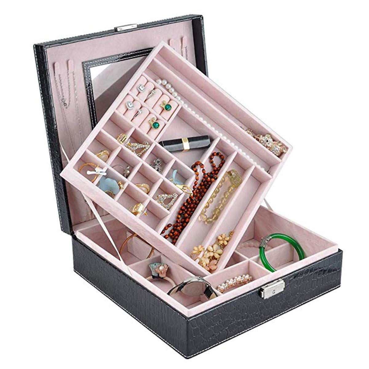 NirongLavie2-Layer Square-Shaped Lint Leather/Suede Jewellery Box Jewelry Organizer Storage case with Lock Mirror Retro Jewelry Boxes Gifts for Women Girls