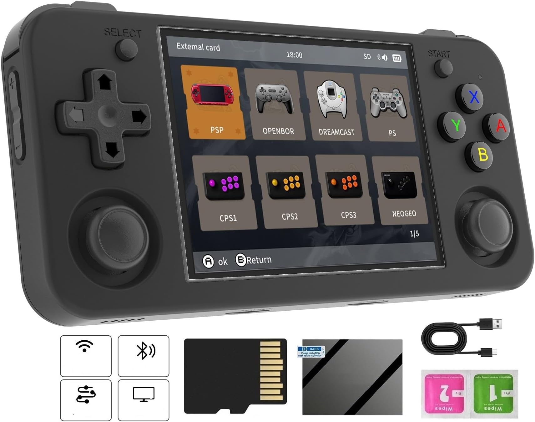 RG35XX H Retro Handheld Game with Linux System, RG35XXH 3.5 Inch IPS Screen Built-in 64G TF Card 5528 Games Support TV Output 5G WiFi Bluetooth 4.2(Transparent Black)