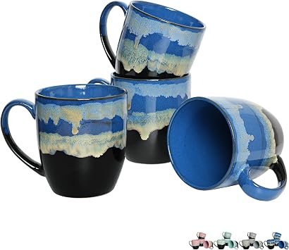 Bosmarlin Ceramic Coffee Mug Set of 4, 17 Oz, Coffee Cups with Big Handle, Microwave Safe, Unique Reactive Glaze 17 Oz, Blue