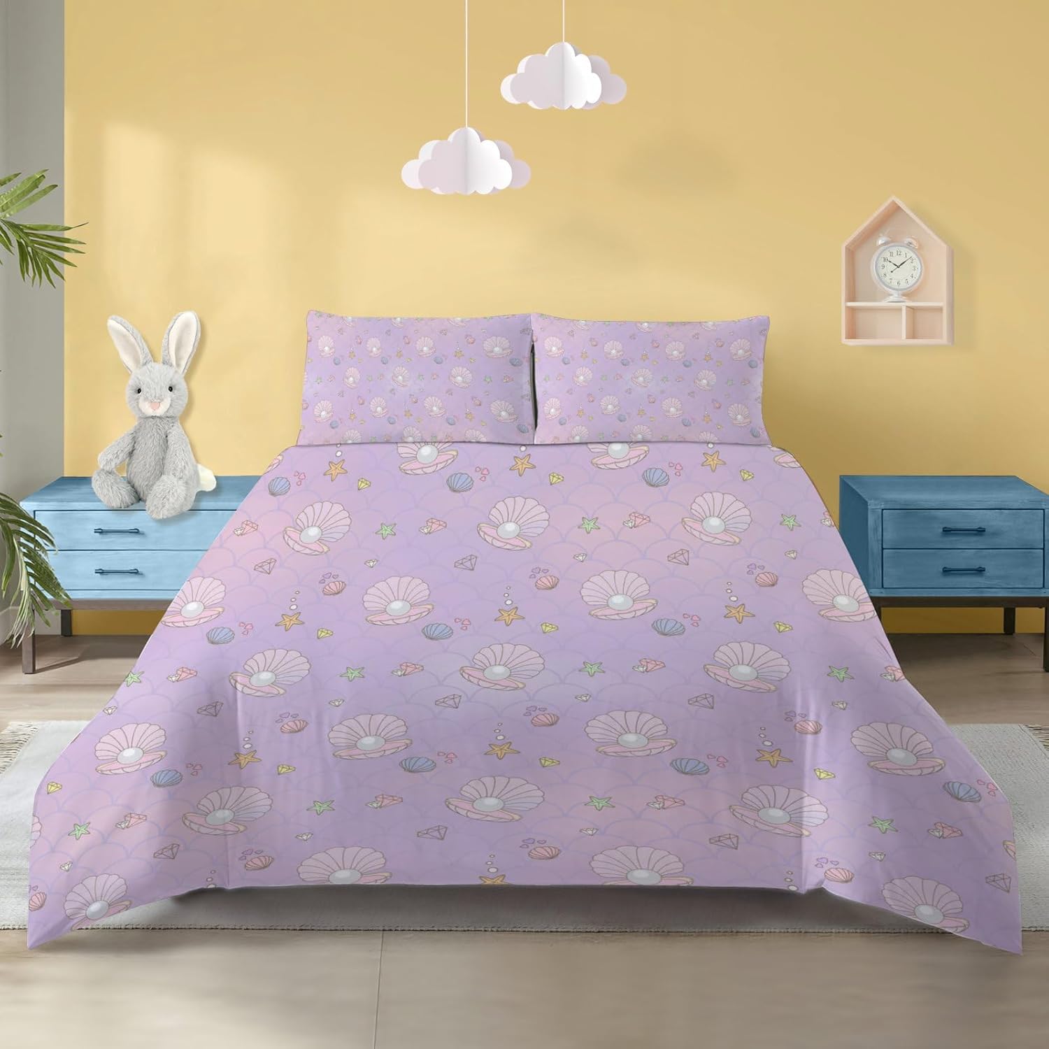 Ocean Duvet Cover Set Full Size - Purple Fish Scales Bedding Set for Kid, Bedroom Decor, Diamonds Pearl Shells Quilt Cover with Zipper Closure, 3 Pcs Reversible Soft Comforter Cover Set