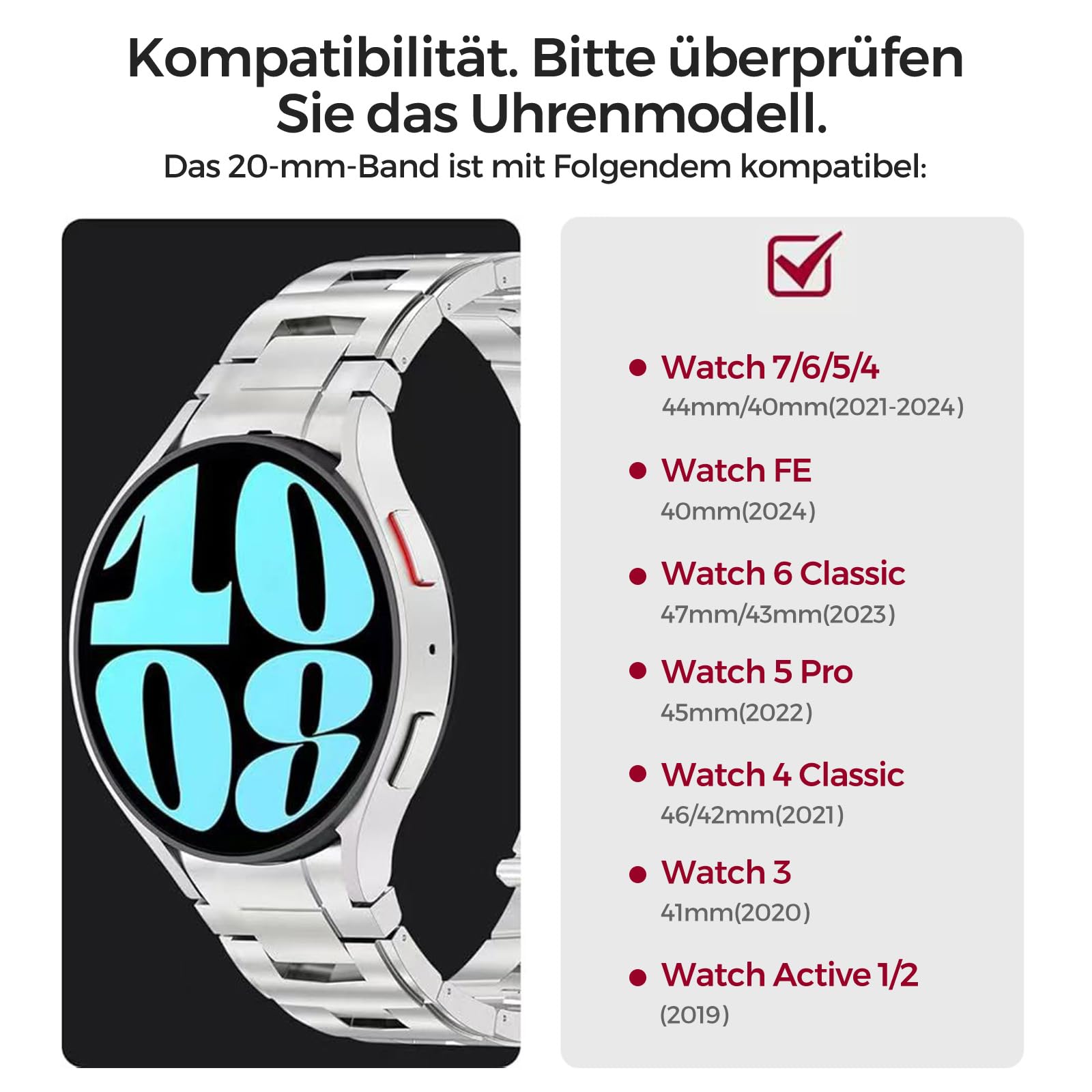 Bracelets en titane compatibles avec Samsung Galaxy Watch 7/6/5/4/FE 44 mm 40 mm, bracelet en métal sans goupille 20 mm, 20mm