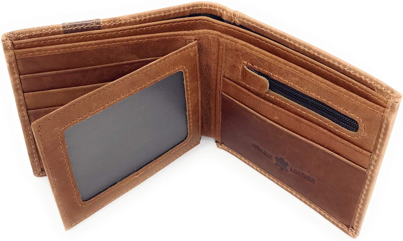 Texas West Western Genuine Leather Mens Metal Concho Longhorn Bifold Short Wallet 3 colors (Brown)