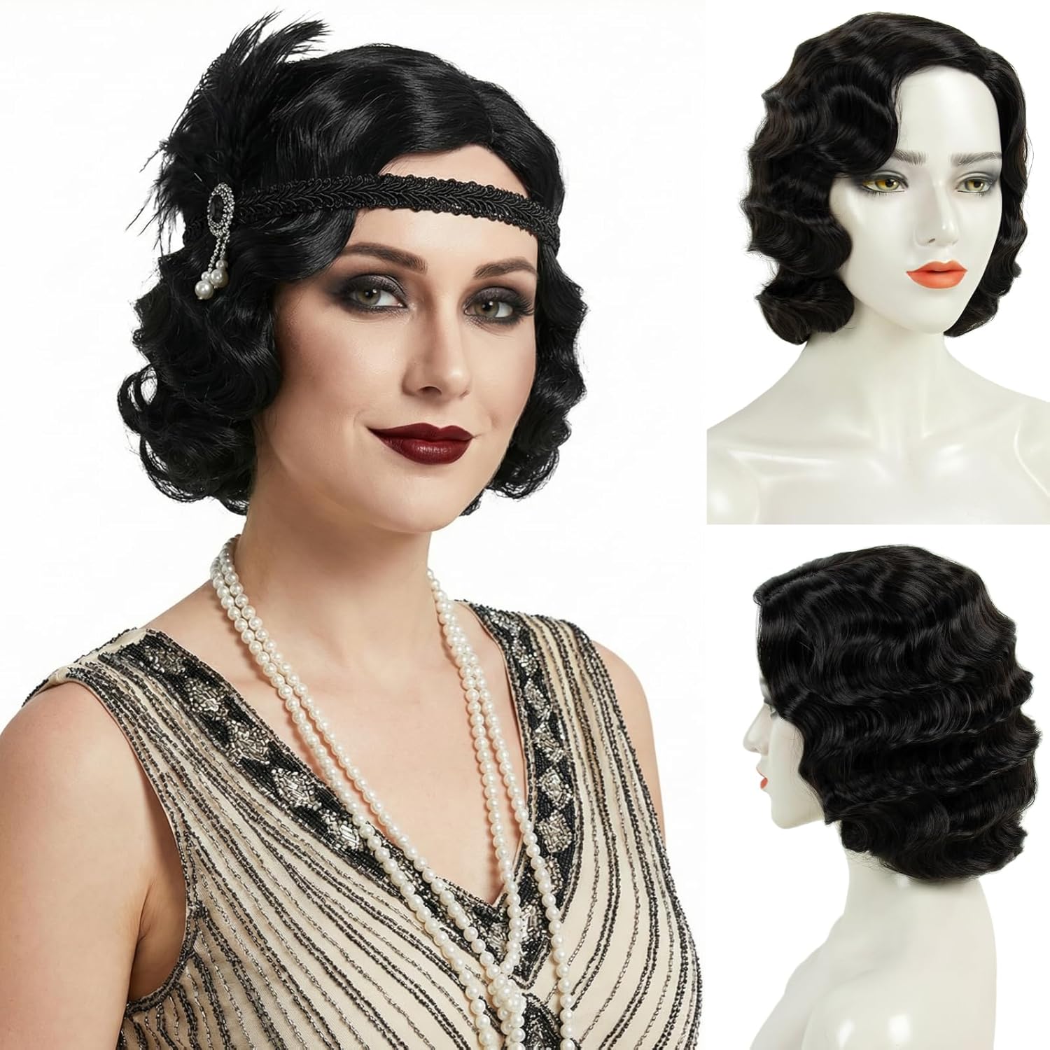 STfantasy Finger Wave Wig 1920s Retro Mid Length Long Curly Synthetic Hair for Women Cosplay Halloween Party Costume (Jet Black)