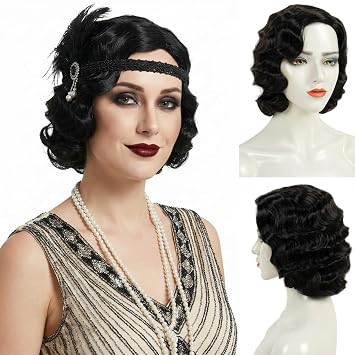 STfantasy Finger Wave Wig 1920s Retro Mid Length Long Curly Synthetic Hair for Women Cosplay Halloween Party Costume Jet Black