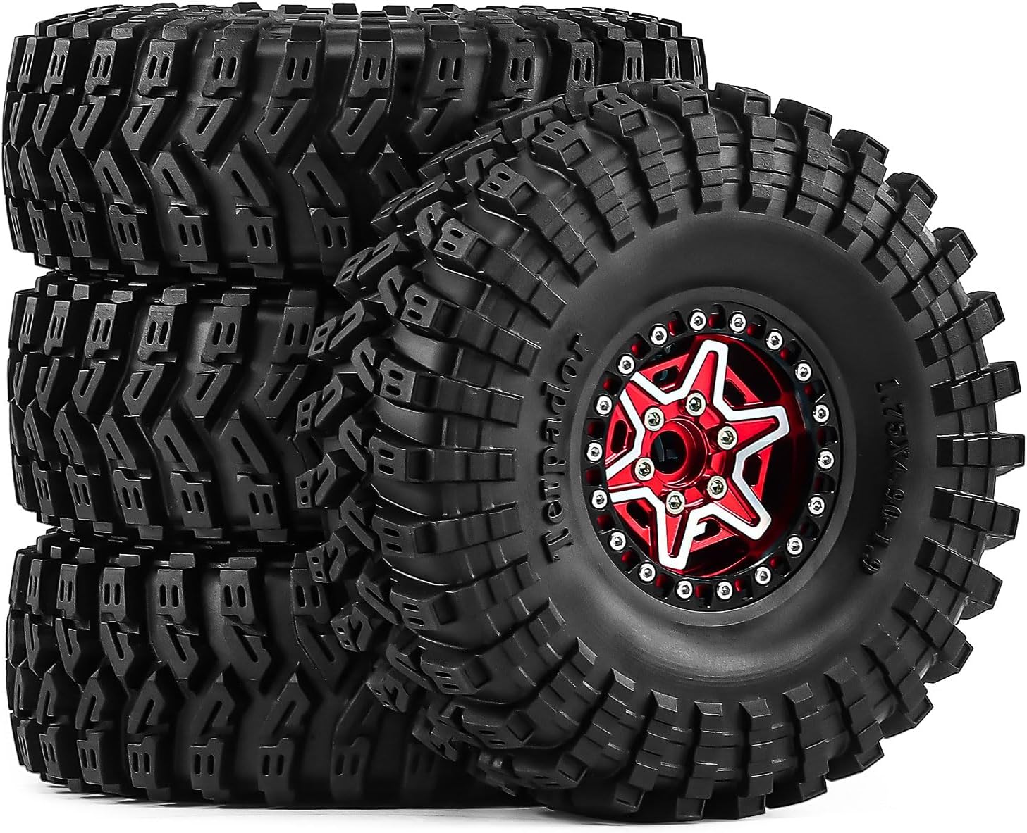 1.9" Alloy Wheels and Rubber Tires 4-Pack, for TRX4, SCX10, SCX10 III, 90046, D90 and Other Popular RC Crawler Models (red)