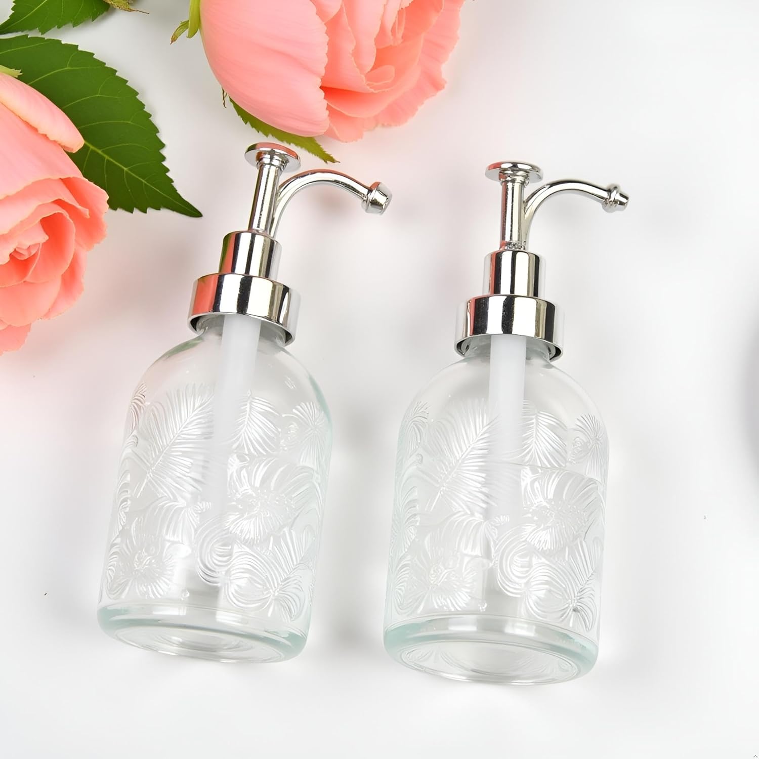 Glass Pump Soap Dispenser, 350ML Kitchen Hand Soap Dispenser Sour Cream Dispenser Rustproof Pump Dispenser for Kitchen Bathroom ((Maple Leaf Pattern on Silver Nozzle) - Image 4