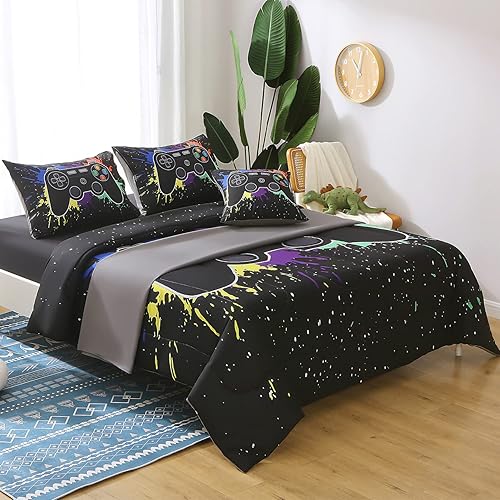 Miniatura 4 de JQinHome Juego de edredón de tamaño individual para niños y niñas, ropa de cama de 6 piezas en una bolsa, ropa de cama de videojuegos 3D de